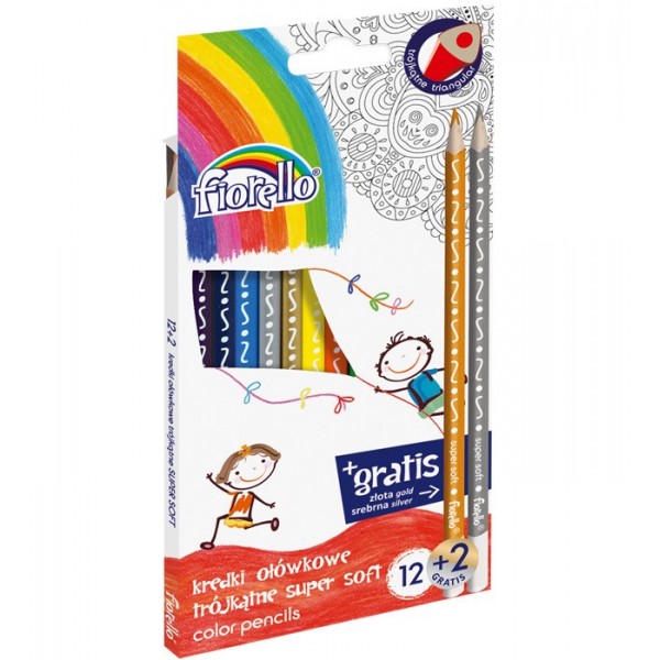 Set creioane colorate lungi 12 culori+2 Au/Ag Fiorello Soft 170-2150 triunghiulare