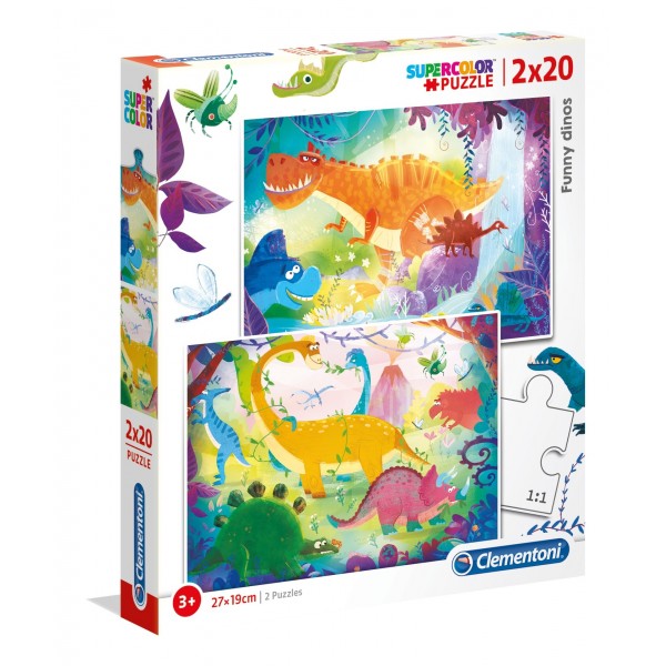 Puzzle carton 2x20 piese CLEMENTONI Funny Dinos Supercolor 24755/434773 +3