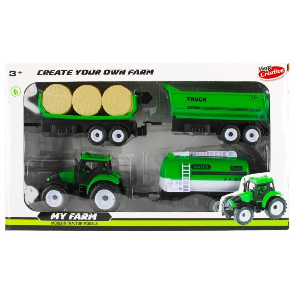 Tractor agricol cu 3 remorci si accesorii MegaCreative 462666, plastic, verde, 3+ ani