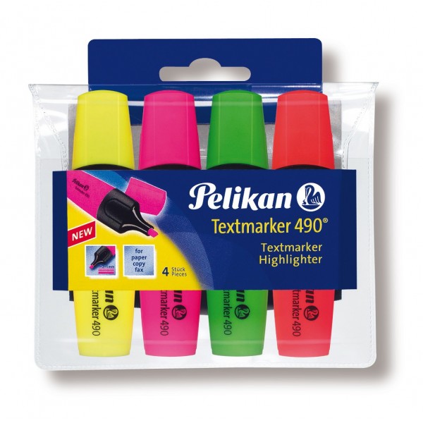 Textmarker Pelikan 490 943324, 814058, varf tesit, 1-5mm, set 4 culori fluorescente (galben, roz, verde, orange)