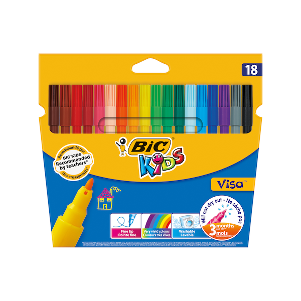 Carioci colorate Bic Kids Visa 811985, 18 culori, lavabile, blister carton