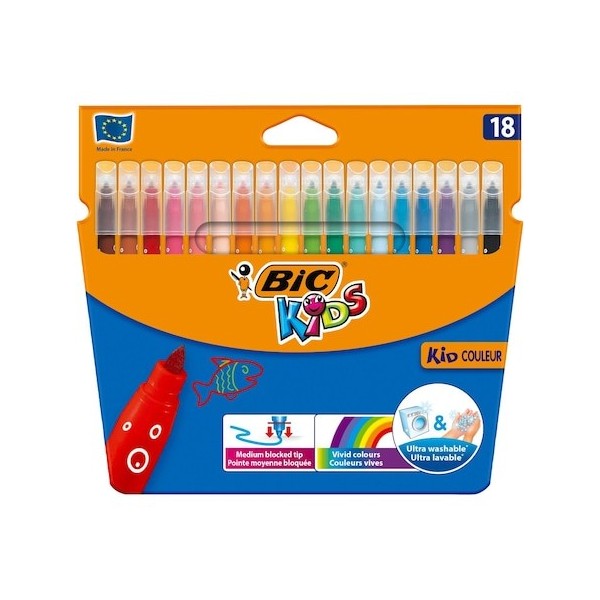 Carioci colorate Bic Kids Kid Couleur 937508, 18 culori, ultralavabile, blister carton