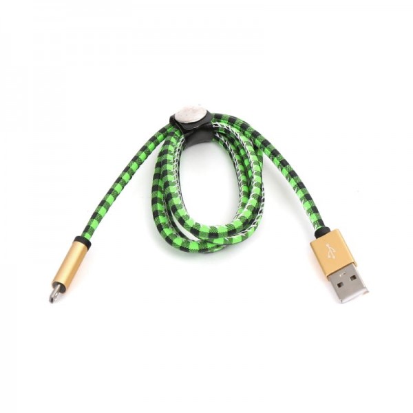 Cablu Platinet micro USB protectie din piele, 1m, 43323, verde cu negru