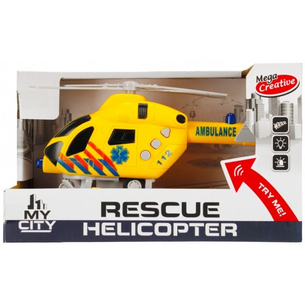 Elicopter de salvare MegaCreative My City 462667, 23cm, cu sunete si lumini, plastic, galben, 3+ ani
