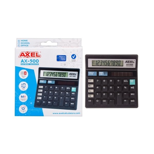 Calculator de birou Axel AX-500 164192, 10 digiti, alimentare baterie + solar, ecran inclinat