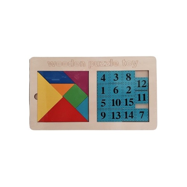 Puzzle lemn educativ - Tangram forme geometrice si numere 1-15, 22 piese, 3+ ani, CNX