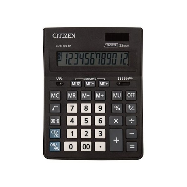 Calculator de birou Citizen CDB1201-BK, 12 digiti, alimentare baterie + solar, ecran inclinat