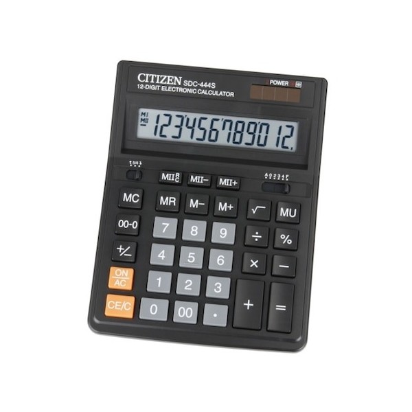 Calculator de birou Citizen SDC-444S, 12 digiti, alimentare baterie + solar, ecran inclinat