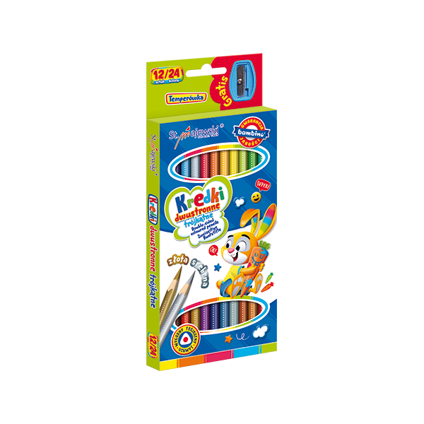 Creioane colorate Bambino Duo 4940, 2 capete, triunghiulare, 24 culori, + ascutitoare cadou, blister carton