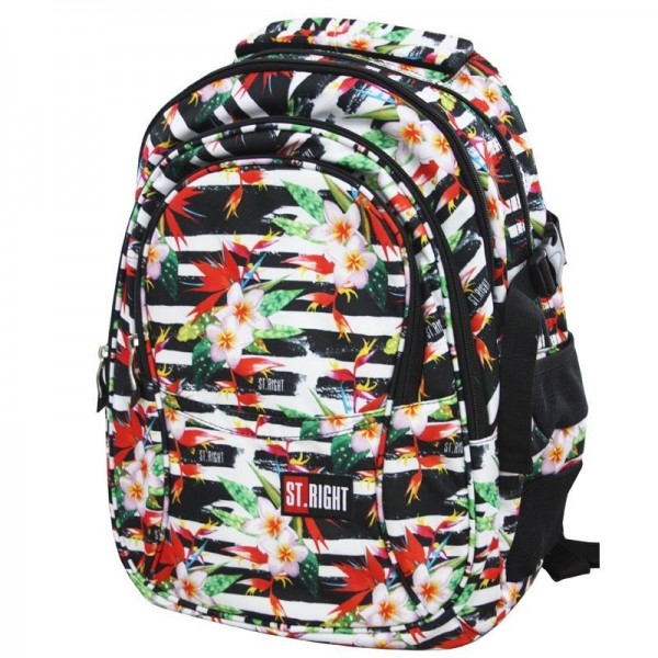 Ghiozdan St.Majewski St. Right Tropical Stripes 43cm, 618390, 4 compartimente, negru cu flori exotice