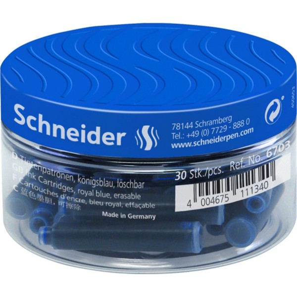Patroane cerneala scurte (rezerve) Schneider 6703 2846, cerneala albastra, borcan 30 buc