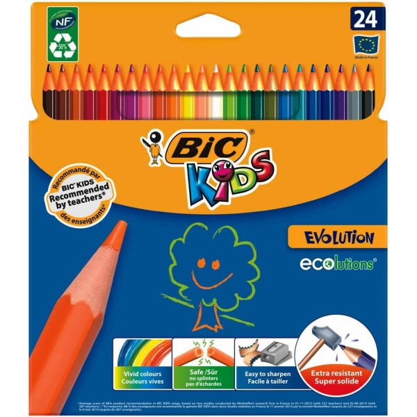 Creioane colorate Bic Kids Evolution 2204, 24 culori, extra rezistente, blister carton