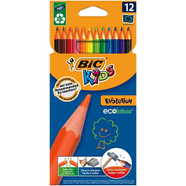 Creioane colorate Bic Kids Evolution 82902912, 12 culori, super solide, blister carton