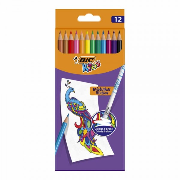 Creioane colorate Bic Kids Evolution Illusion, 12 culori, extra rezistente cu radiera, blister carton