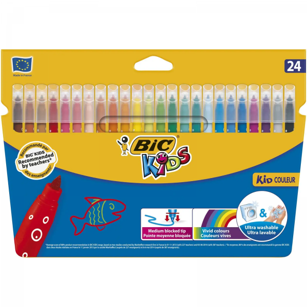 Carioci colorate Bic Kids Kid Couleur, 24 culori, ultralavabile, blister carton