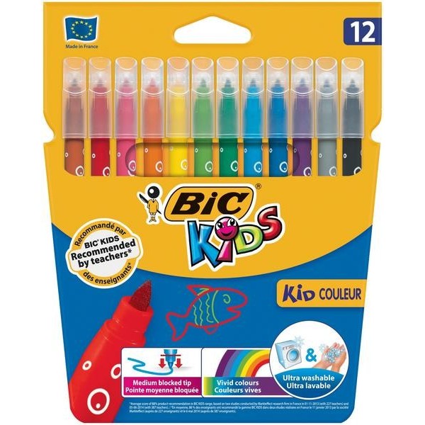 Carioci colorate Bic Kids Kid Couleur 2727, 12 culori, ultralavabile, blister carton