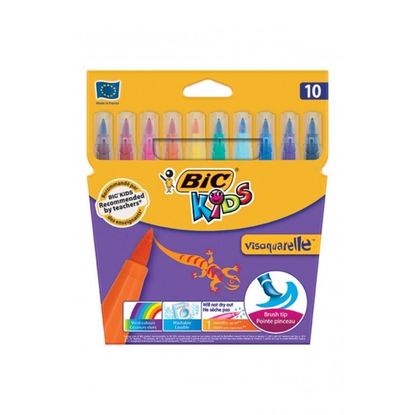 Carioci colorate Bic Kids Visaquarelle, 10 culori, tip pensula, lavabile, blister carton