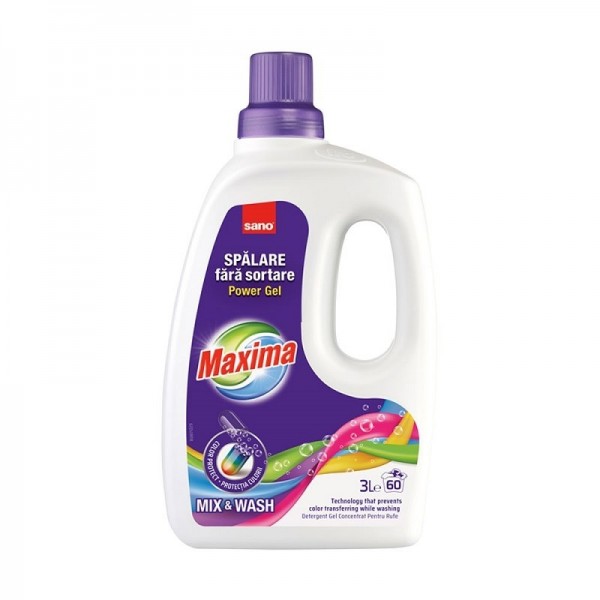 Detergent gel pentru rufe Sano Maxima Power Gel, 3l, concentrat, spalare fara sortare