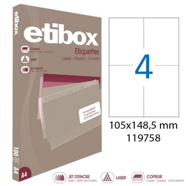 Etichete autocolante Etibox 119758, 4/A4, 105x148.5mm, permanente, colturi drepte, alb, top 100 coli (400 etichete)