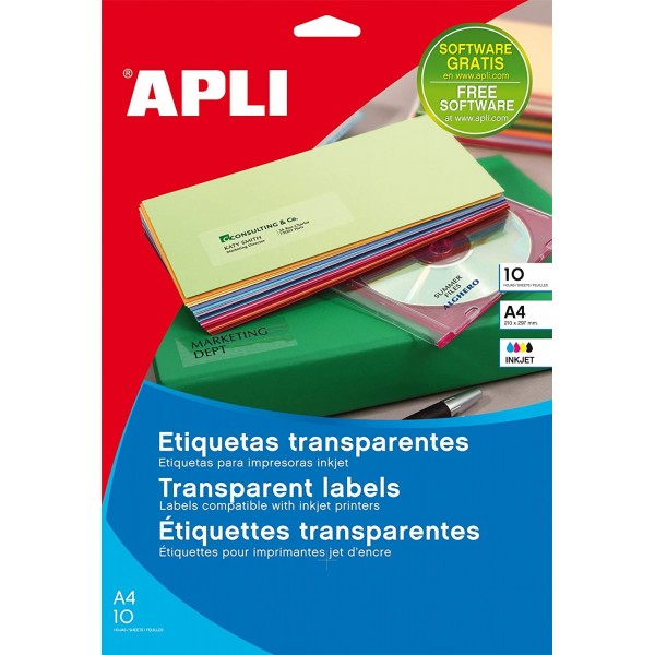Etichete autocolante Agipa 10053, 1/A4, 210x297mm, permanente, colturi drepte, transparent, pentru inkjet, top 10 coli (10 et.)
