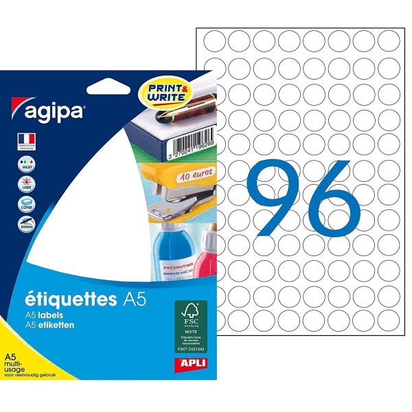 Etichete autocolante Agipa 114002, 96/A5, 15mm, permanente, rotund, alb, top 16 coli (1536 etichete)