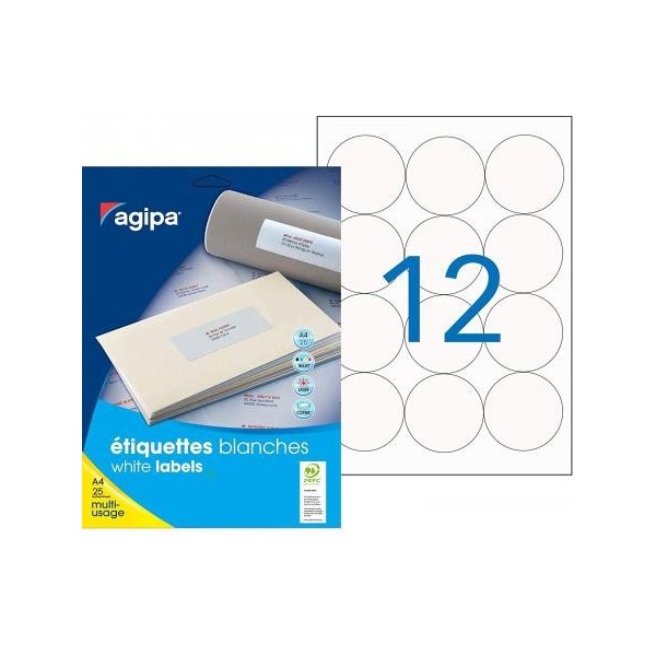 Etichete autocolante Agipa 119642, 12/A4, 63.5mm, permanente, rotund, alb, top 25 coli (300 etichete)