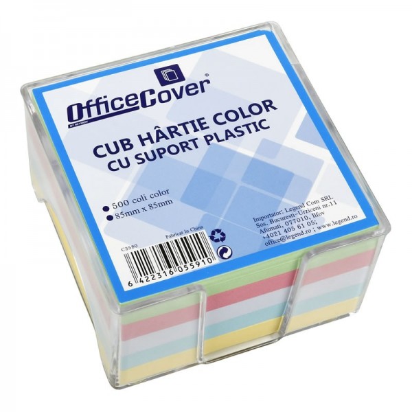 Cub hartie notes Office Cover, 500 coli, 85x85mm, 5 culori, include suport plastic transparent