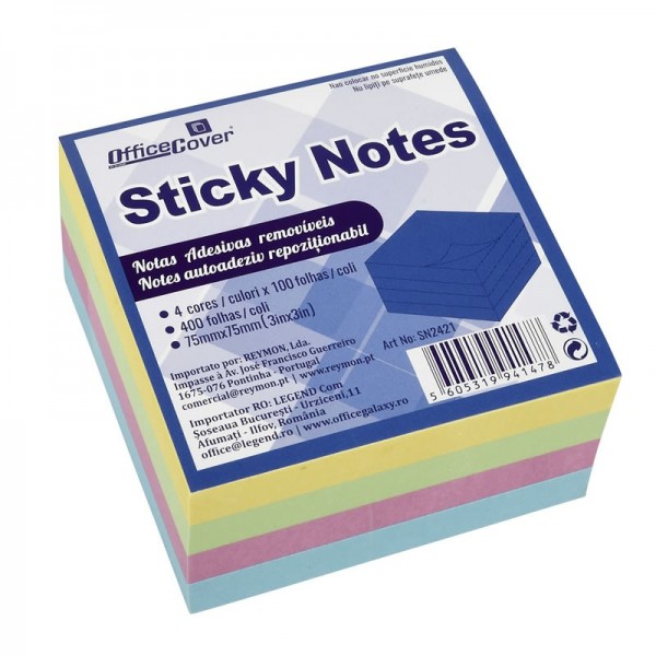 Notes adeziv Office Cover SN2421, 400 coli, 75x75mm, 4 culori pastel