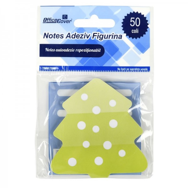 Notes adeziv Office Cover C70-016, 50 coli, 75x75mm, verde / alb, forma bradut, blister