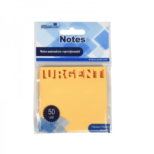 Notes adeziv stantat Office Cover H1-URGENT, 50 coli, 75x75mm, portocaliu neon, blister