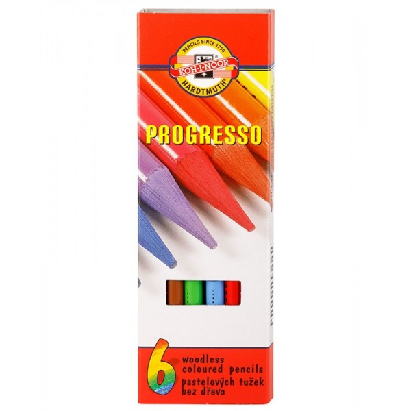 Creioane colorate fara lemn Koh-i-noor Progresso K8755-6, 6 culori, cutie carton