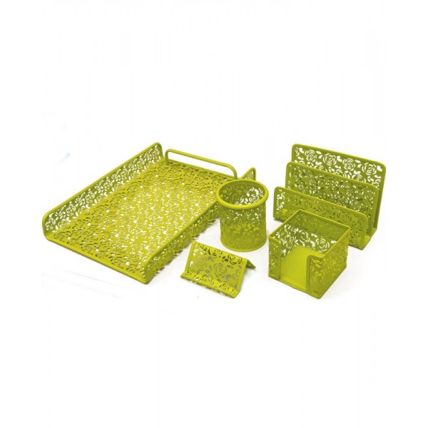 Set birou Office Cover, plasa metalica, cu flori stantate, 5 piese