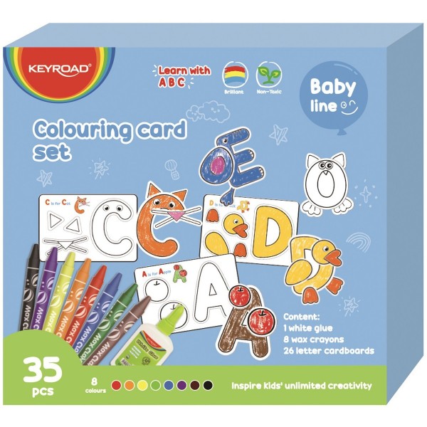 Cartoane de colorat Keyroad Baby line KR972360, 8 culori, + 26 cartoane, 8 creioane cerate, aracet