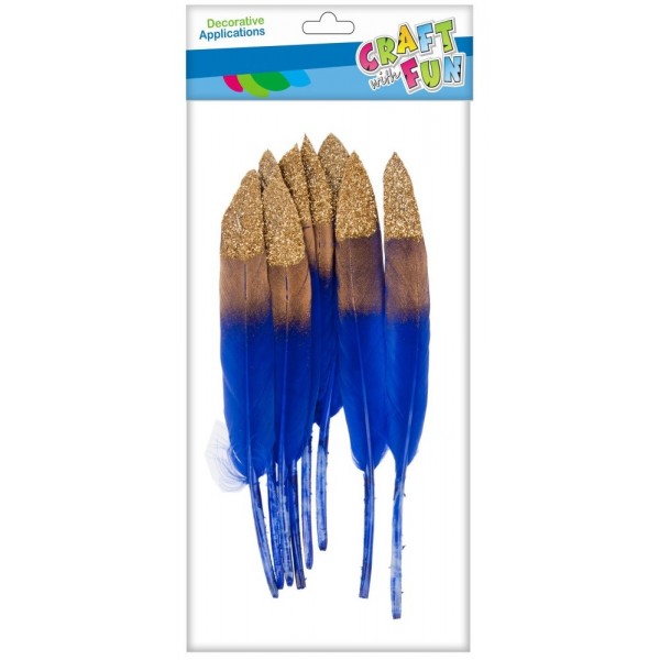 Accesorii creatie - pene, albastru, 12-15cm, cu sclipici auriu, set 8 buc, Craft with Fun, 463659