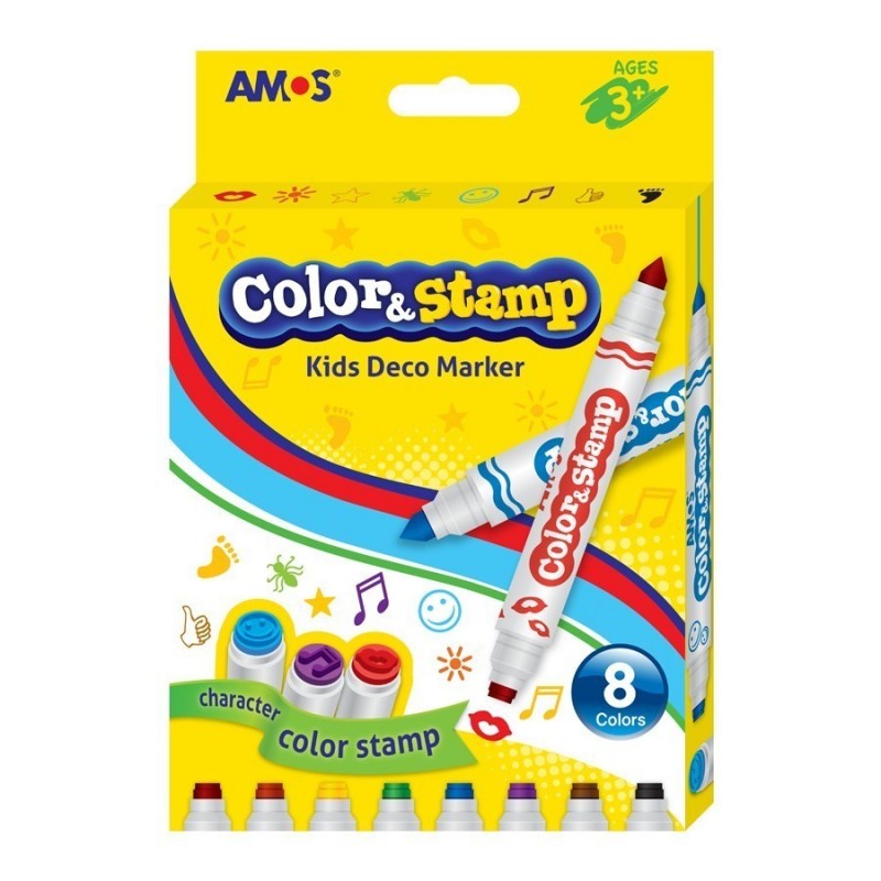 Carioca baza apa AMOS Color&Stamp 2 capete 8 culori