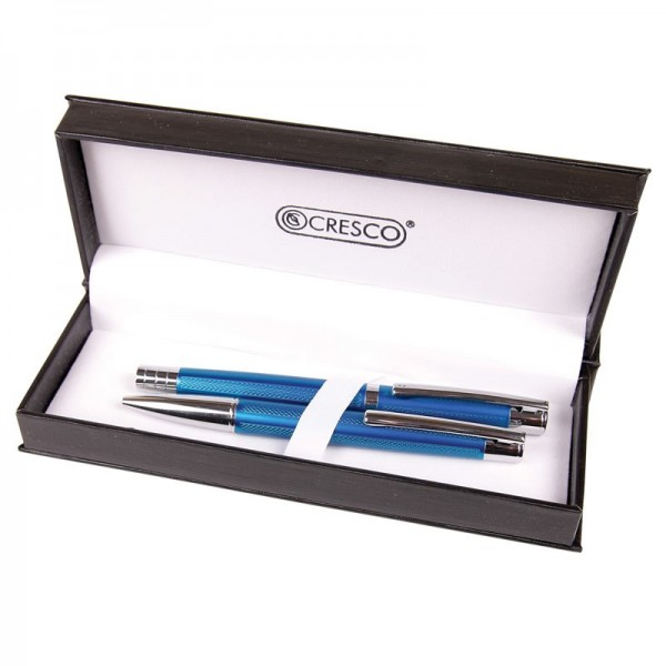 Set cadou stilou + pix Cresco Elegant E850054, corp metalic albastru clips argintiu