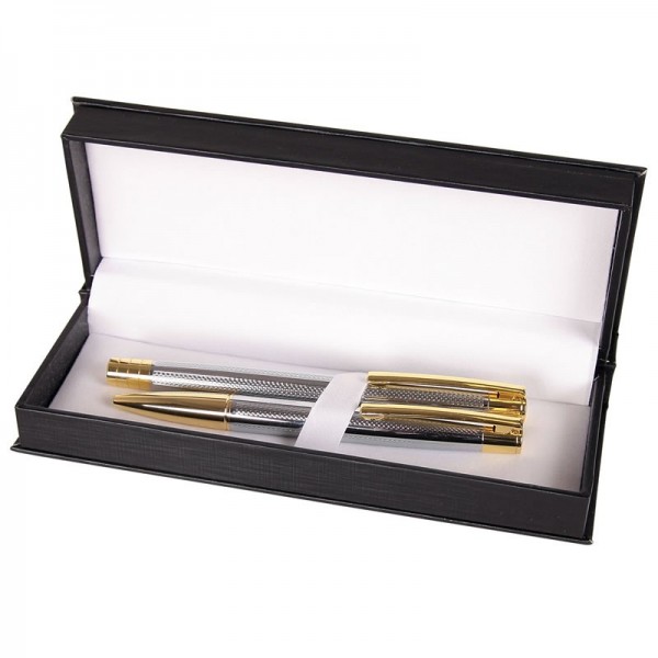 Set cadou stilou + pix Cresco Elegant E850054, corp metalic argintiu clips auriu