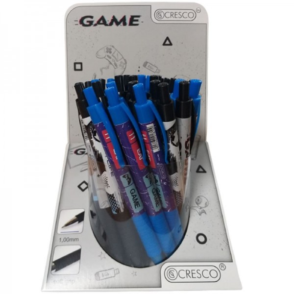 Pix cu bila Cresco Game 600020-B, cu mecanism, corp negru / albastru, grip cauciucat, scris albastru