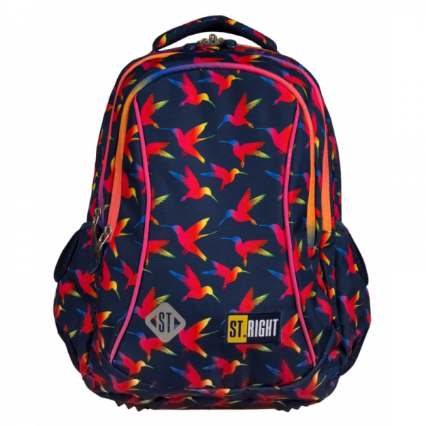 Ghiozdan SM St.Right Rainbow Birds, BP-26, 622502, 3 compartimente, negru/rosu/rainbow