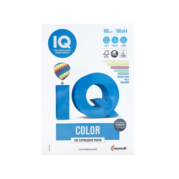 Carton colorat A4 IQ 133767, 160g/mp, mix culori pale, top 100 coli (5 culori x 20 coli)