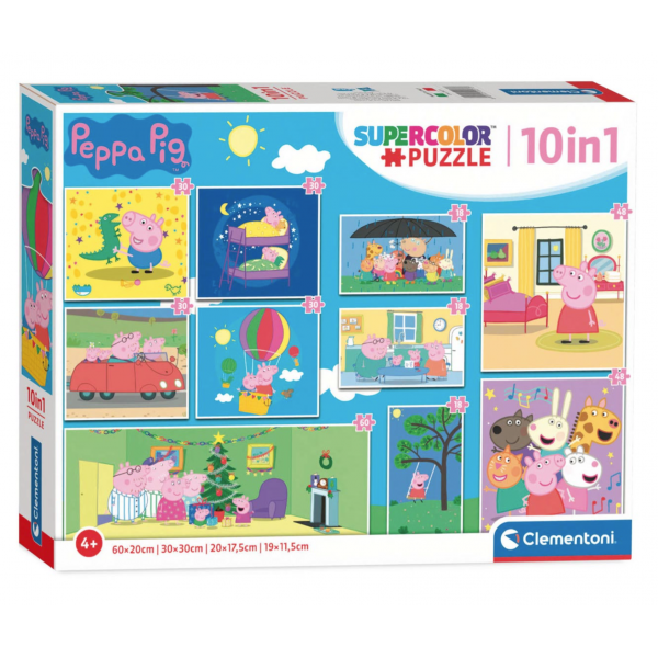 Puzzle carton 10in1 18-60 piese Clementoni Supercolor - Peppa Pig, 20271, 4+ ani