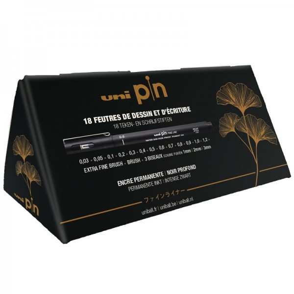 Liner UNI PIN-200, set 18 buc + cutie cadou piramida, varfuri diverse, negru