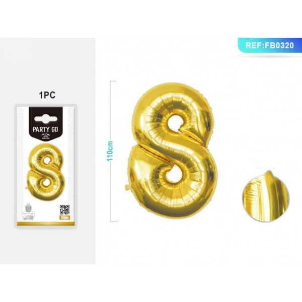 Baloane aniversare PartyGo cifra 8, 40cm, auriu, 405182 / FB0019