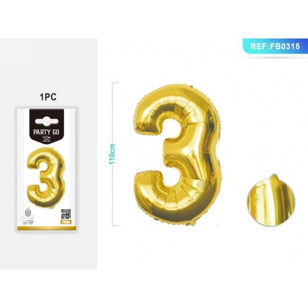 Baloane aniversare PartyGo cifra 3, 40cm, auriu, 405185 / FB0014