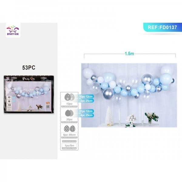 Ghirlanda din baloane PartyGo, bleu, argintiu, FD0137, set 53 buc
