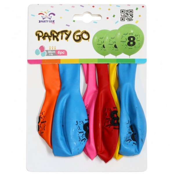 Baloane aniversare PartyGo cifra 8, 30cm, imprimate, diverse culori, FA0205, set 6 buc
