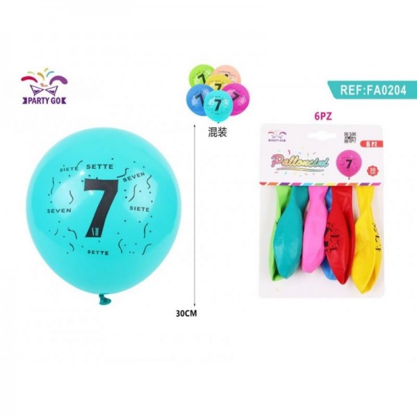 Baloane aniversare PartyGo cifra 7, 30cm, imprimate, diverse culori, FA0204, set 6 buc