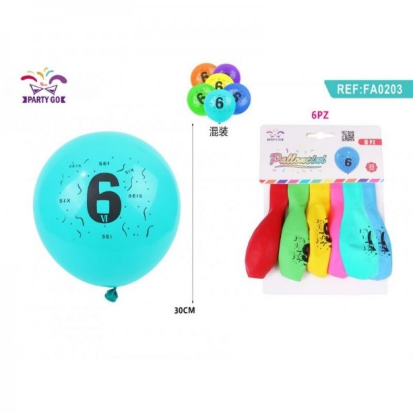 Baloane aniversare PartyGo cifra 6, 30cm, imprimate, diverse culori, FA0203, set 6 buc