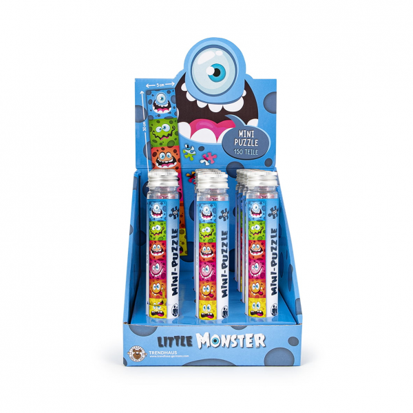 Joc mini puzzle Little Monster in tub cu capac, Trendhaus CH28888, 150 piese, +7ani, 5x30cm