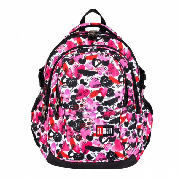 Ghiozdan SM St.Right Hearts 43cm, BP01 625992, 4 compartimente, negru cu inimi roz
